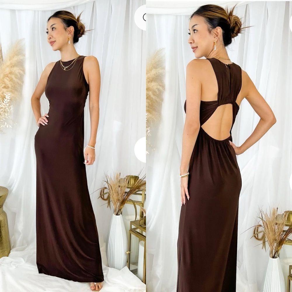 NWT Misa Pargol Dress chocolate brown maxi stretch cut out Revolve XS